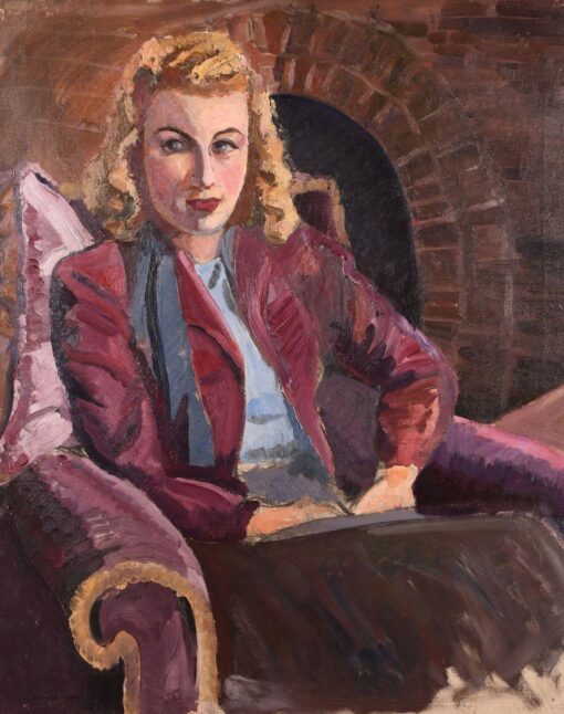 Mid 1900-1999 1950's Portrait of Stylish Lady Seated by Fireside Large Oil