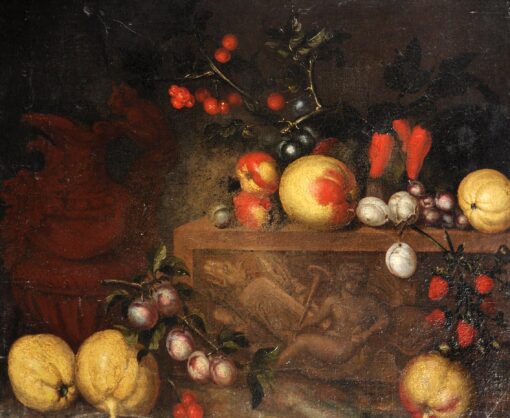 1700 - 1799 Italian School Still Life of Fruit on a Marble Ledge with a Ewer