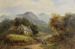 1800-1899 Irish Landscape Oil Painting Figures in Mountains with Cottage