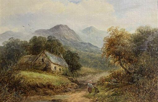 1800-1899 Irish Landscape Oil Painting Figures in Mountains with Cottage