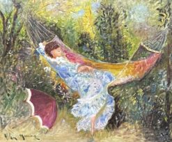 WILLIAM MERCIER (FRENCH 1939) SIGNED IMPRESSIONIST OIL - LADY IN GARDEN HAMMOCK