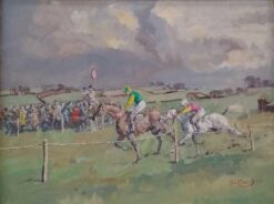 Fine British Horse Racing Oil Painting 'Crossing the Post' signed and dated 1971