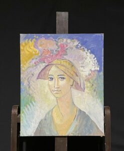 PROVENCAL FRENCH ARTIST - PORTRAIT OF COUNTRY YOUNG LADY IN COLORFUL HAT