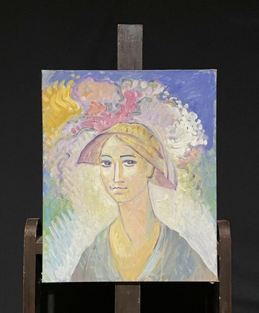 PROVENCAL FRENCH ARTIST - PORTRAIT OF COUNTRY YOUNG LADY IN COLORFUL HAT