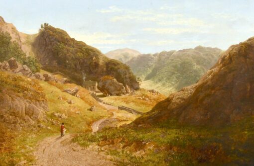 FINE VICTORIAN OIL PAINTING - BORROWDALE LAKE DISTRICT LANDSCAPE VALLEY FIGURE