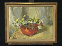 Large Mid 1900-1999 Signed Oil Painting Still Life Flowers in Interior