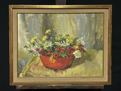 Large Mid 1900-1999 Signed Oil Painting Still Life Flowers in Interior