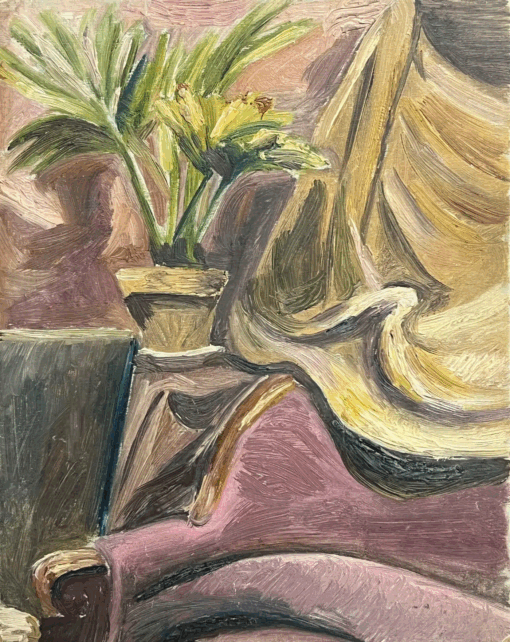 1930's Interior Still Life with Potted Plant and Draped Fabric on Ornate Chair