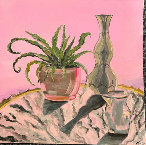 Pink Still Life Interior with Green Fern Acrylic Painting Contemporary British