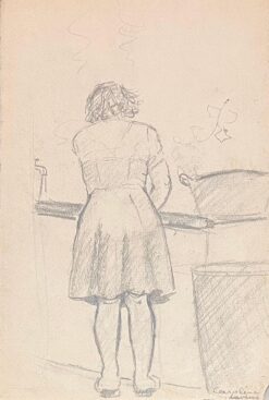 Mid Century French Pencil Drawings of a Woman Cooking in a Kitchen