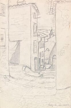 Mid Century French Pencil Drawings of a Narrow Street in Cagnes-sur-Mer