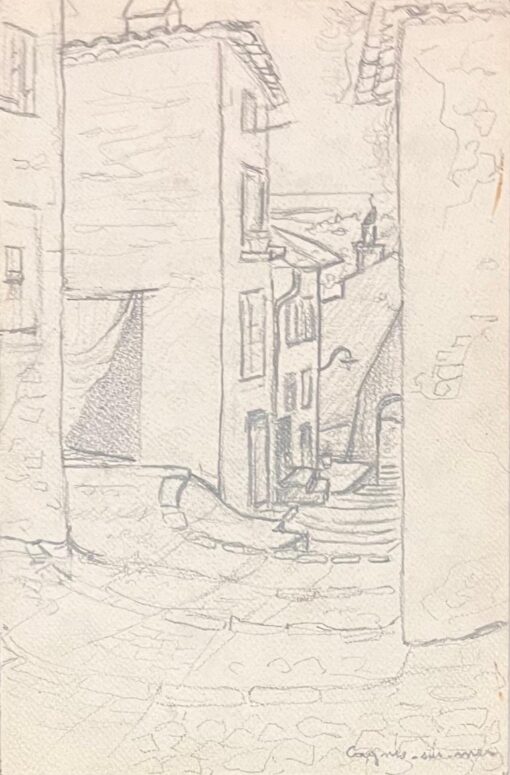 Mid Century French Pencil Drawings of a Narrow Street in Cagnes-sur-Mer