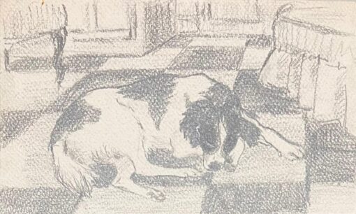 Mid Century French Pencil Drawing Sleeping Dog on Checkered Floor