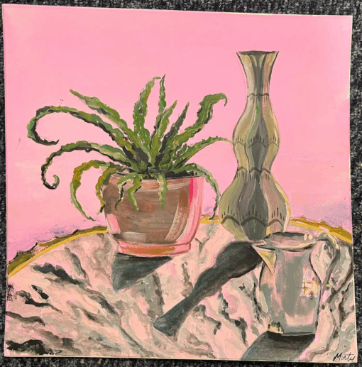 Pink Still Life Interior with Green Fern Acrylic Painting Contemporary British - Image 2