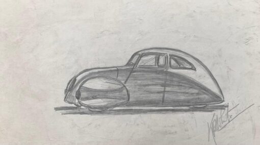 1938 Talbot-Lago T150-C SS Teardrop Coupé Design Pencil Illustration