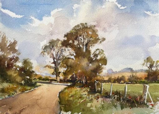 British Impressionist Watercolor of Country Lane with Autumn Trees
