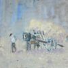 Farmer and His Horse-Drawn Cart Amidst a Pastel Color Landscape French Oil