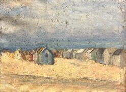 Vintage Coastal Scene with Weathered Beach Huts Along a Sandy Shoreline