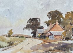 British Impressionist Watercolor of Country Lane with Thatched Cottage
