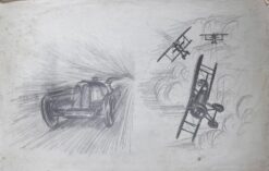 World War I Dogfight Scene with Vintage Race Car Pencil Illustration