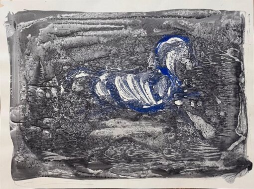 Original French Abstract Horse Composition in Black and Blue