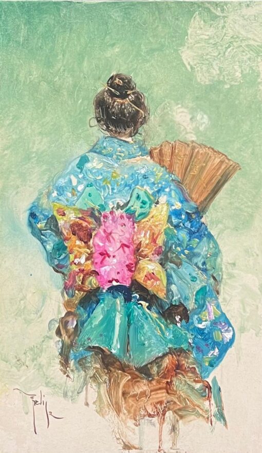 Geisha Girl Elegant in Blue Traditional Kimono with Fan Impressionist Portrait - Image 2