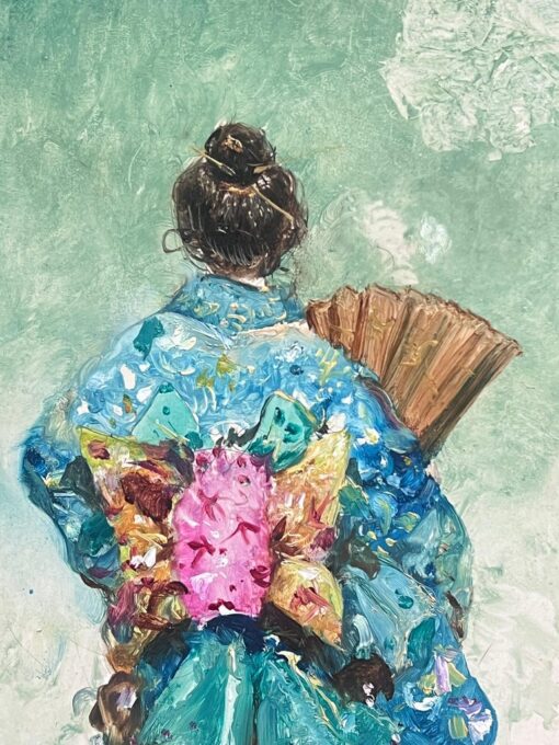 Geisha Girl Elegant in Blue Traditional Kimono with Fan Impressionist Portrait - Image 3