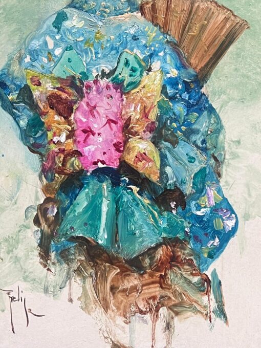 Geisha Girl Elegant in Blue Traditional Kimono with Fan Impressionist Portrait - Image 4