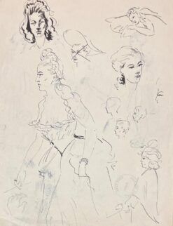 Mid Century French Ink Sketches of Women in Elegant Attire