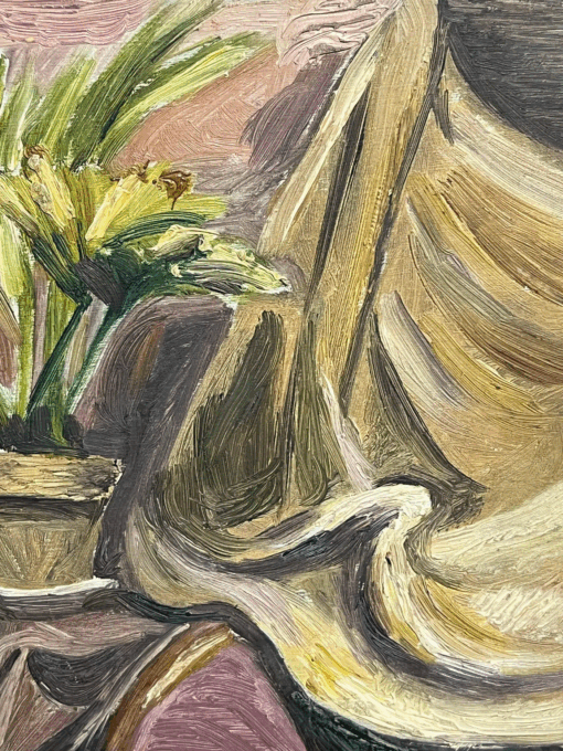 1930's Interior Still Life with Potted Plant and Draped Fabric on Ornate Chair - Image 4