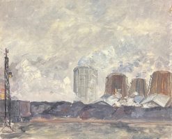 Industrial Landscape with Smokestacks and Cooling Towers Under a Cloudy Sky