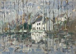 White House in Tranquil Waterside Among Bare Tree Reflections Aberne France