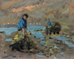Fisherman at Low Tide A Coastal Scene of Labor and Reflection Landscape