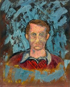 Expressionist Portrait of a Man in a Red Sweater Against a Bold Blue Abstract