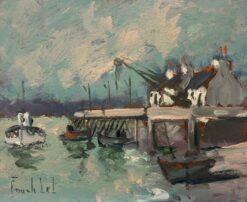 Coastal Village with Docked Boats and Waterfront Homes French Oil Painting
