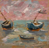Beached Blue Boats at Pink Sunset Coastal Scene French Oil Painting