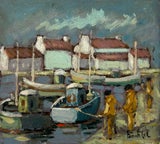 Charming Harbor Scene with Fishing Boats and Fishermen in Orange Oilskins