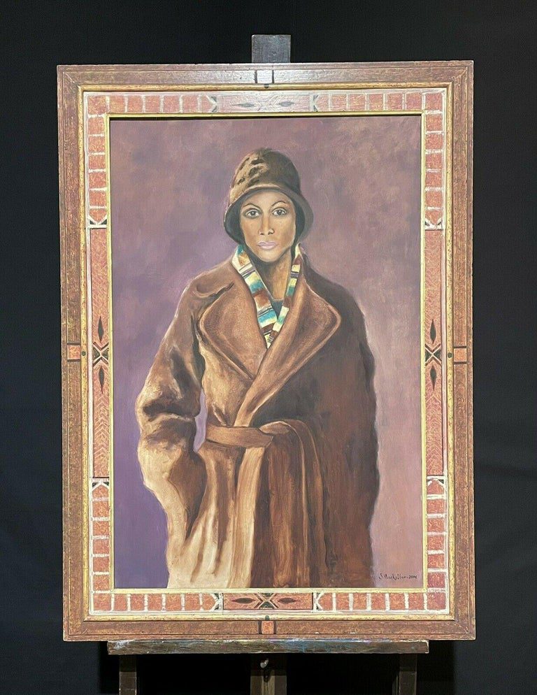 J Mackellar Large Female Portrait Vintage Coat Hat Oil Painting Framed - Image 2