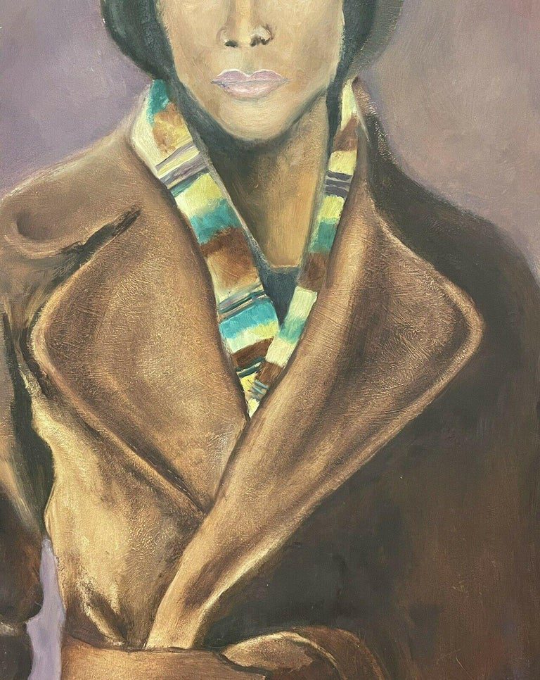 J Mackellar Large Female Portrait Vintage Coat Hat Oil Painting Framed - Image 3