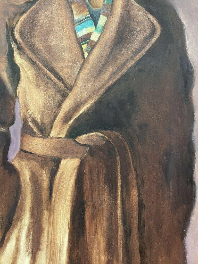 J Mackellar Large Female Portrait Vintage Coat Hat Oil Painting Framed - Image 4