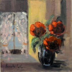 Cozy Still-Life of Red Peonies in Black Vase by a Sunlit Window French Oil