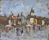 Figures In The Rain in Charming Village Original French Painting
