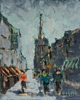 Figures Walking Beneath a Towering Spire in a Grey Quaint French Cityscape Oil