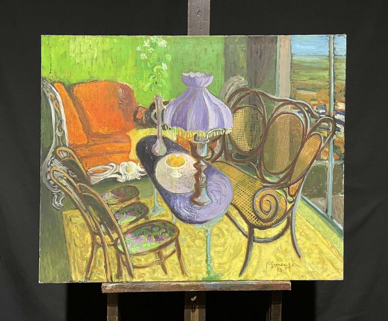 Robert Surcouf Signed 1975 French Modernist Interior Scene Oil Painting - Image 2