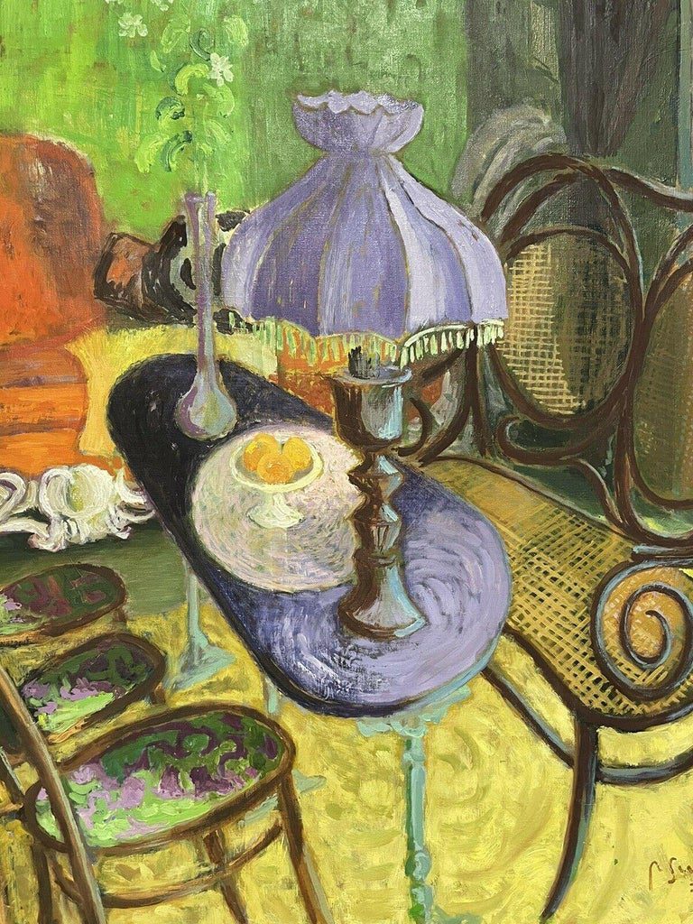 Robert Surcouf Signed 1975 French Modernist Interior Scene Oil Painting - Image 4