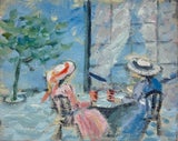Two Ladies in Elegant Sun Hats Enjoying a Quiet Moment in a Sunlit French Café