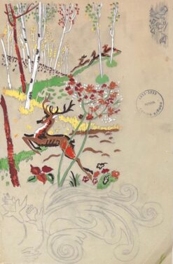 Mid Century French Stylized Deer in a Birch Forest Mixed Media Drawing