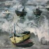 Boats Anchored in the Early Morning Mist on a Choppy Grey Sea French Painting