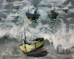 Boats Anchored in the Early Morning Mist on a Choppy Grey Sea French Painting