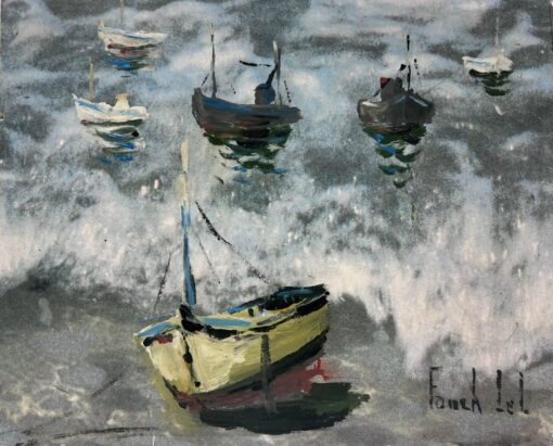 Boats Anchored in the Early Morning Mist on a Choppy Grey Sea French Painting